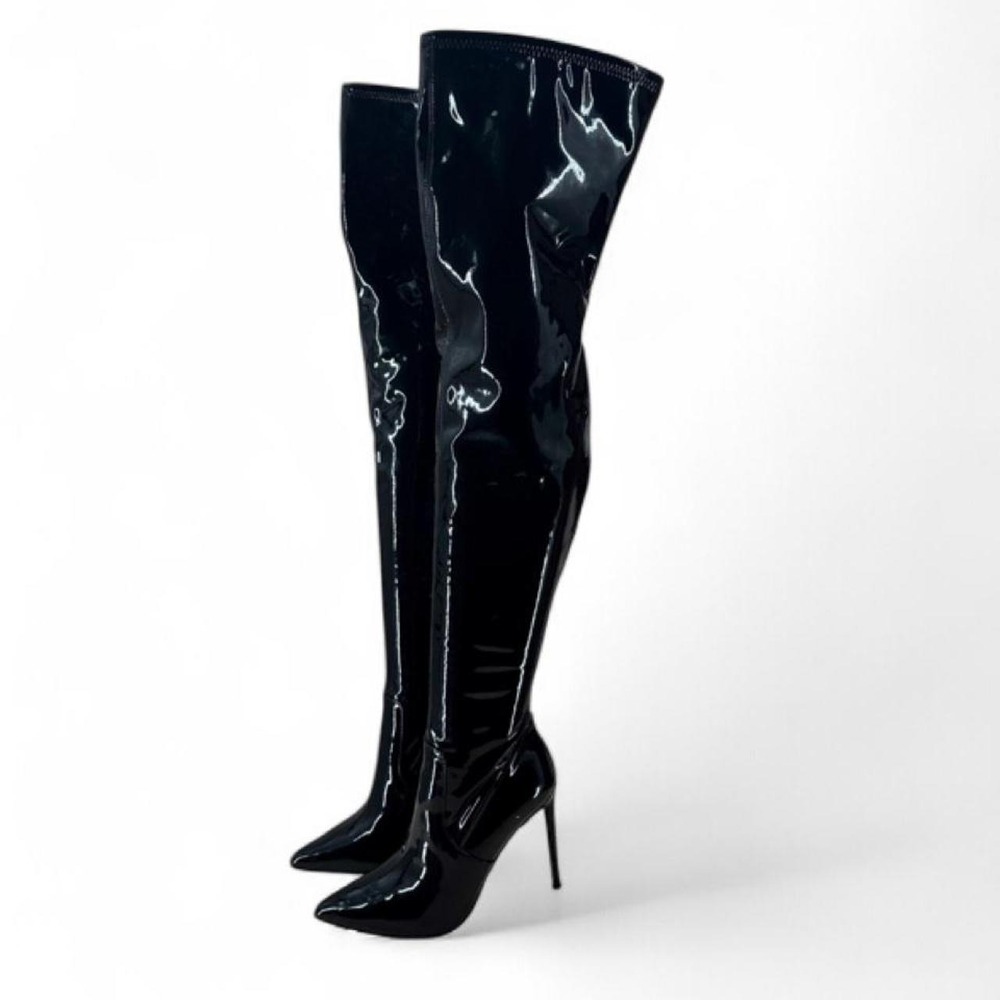 Steve Madden Viktory Black Patent Pointed Toe Thigh High Boots Women's 10